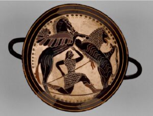 PÉGASE. Bellérophon, Pégase et la Chimère, intérieur d’une coupe (kylix) laconienne, env. 570 av. J.-C.